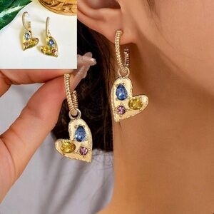 2/$30🌵 Gold Heart Rhinestone Hoop Earrings Dangle Sparkle Jewelry Gift NEW